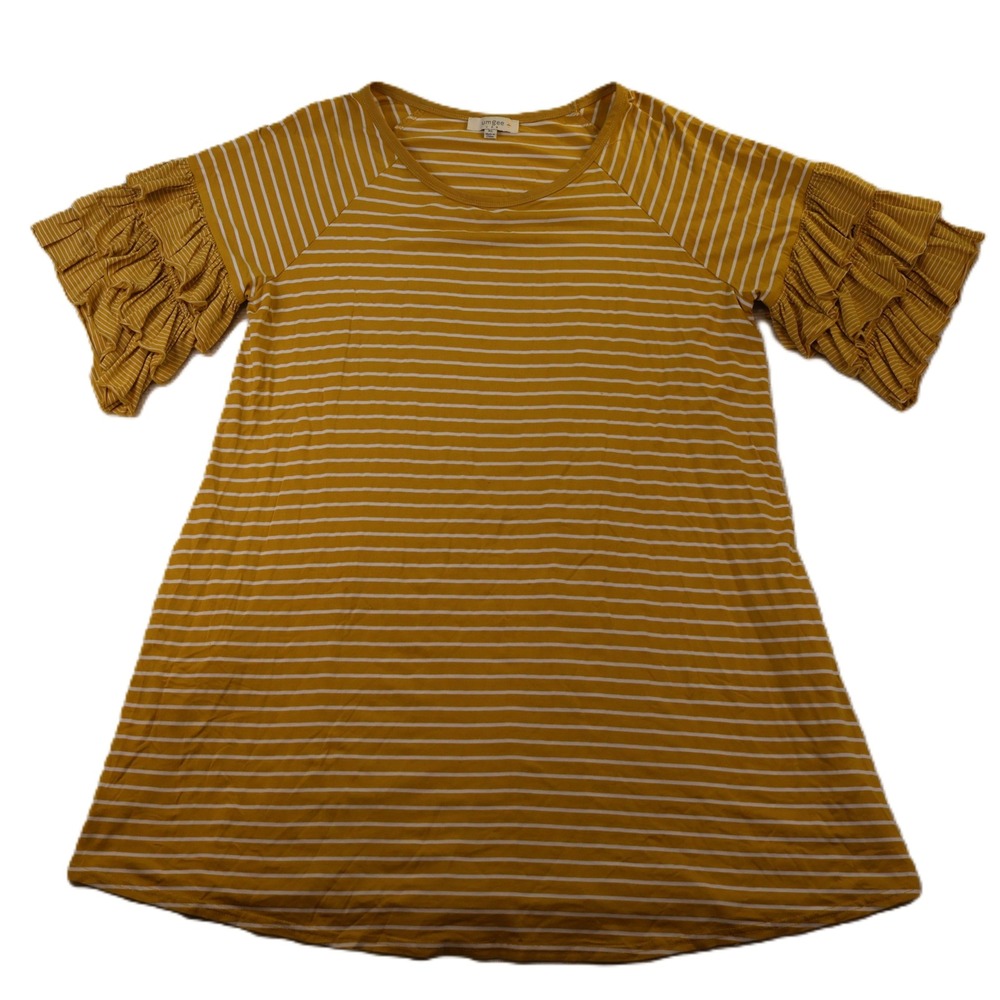 Umgee Womens XL‎ Tunic Top Mustard Yellow White Striped Ruffle Sleeve Pockets